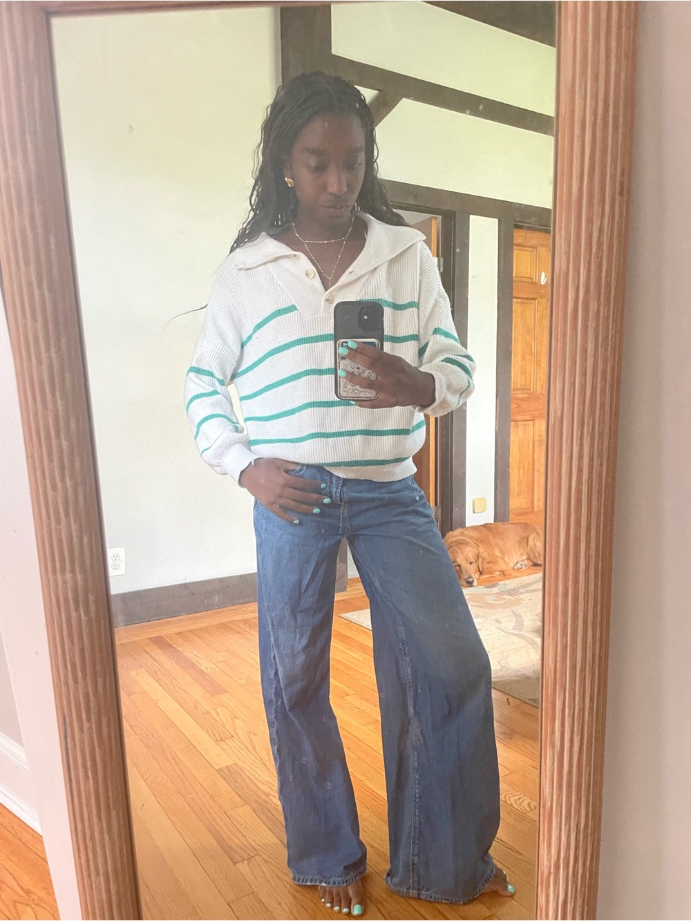 Striped V-Neck Pullover Sweater in White and Teal
